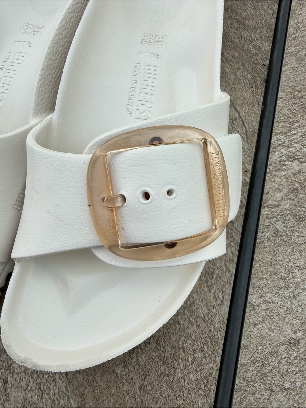 Birkenstock White Madrid EVA Slide Sandals with Tan-Gold Big Buckles - Picture 3 of 10